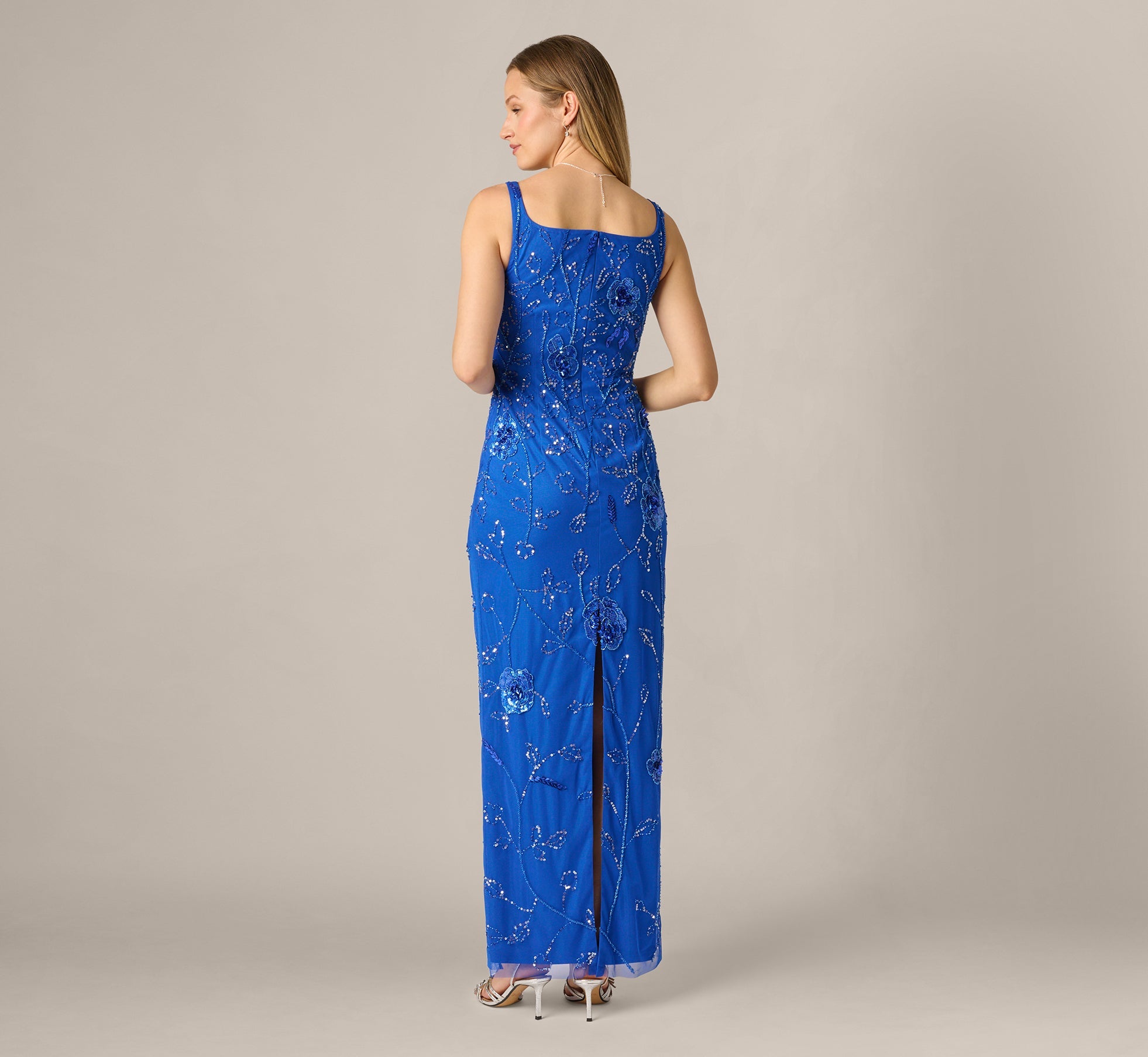 Sleeveless Floral Beaded Column Dress In Brilliant Sapphire