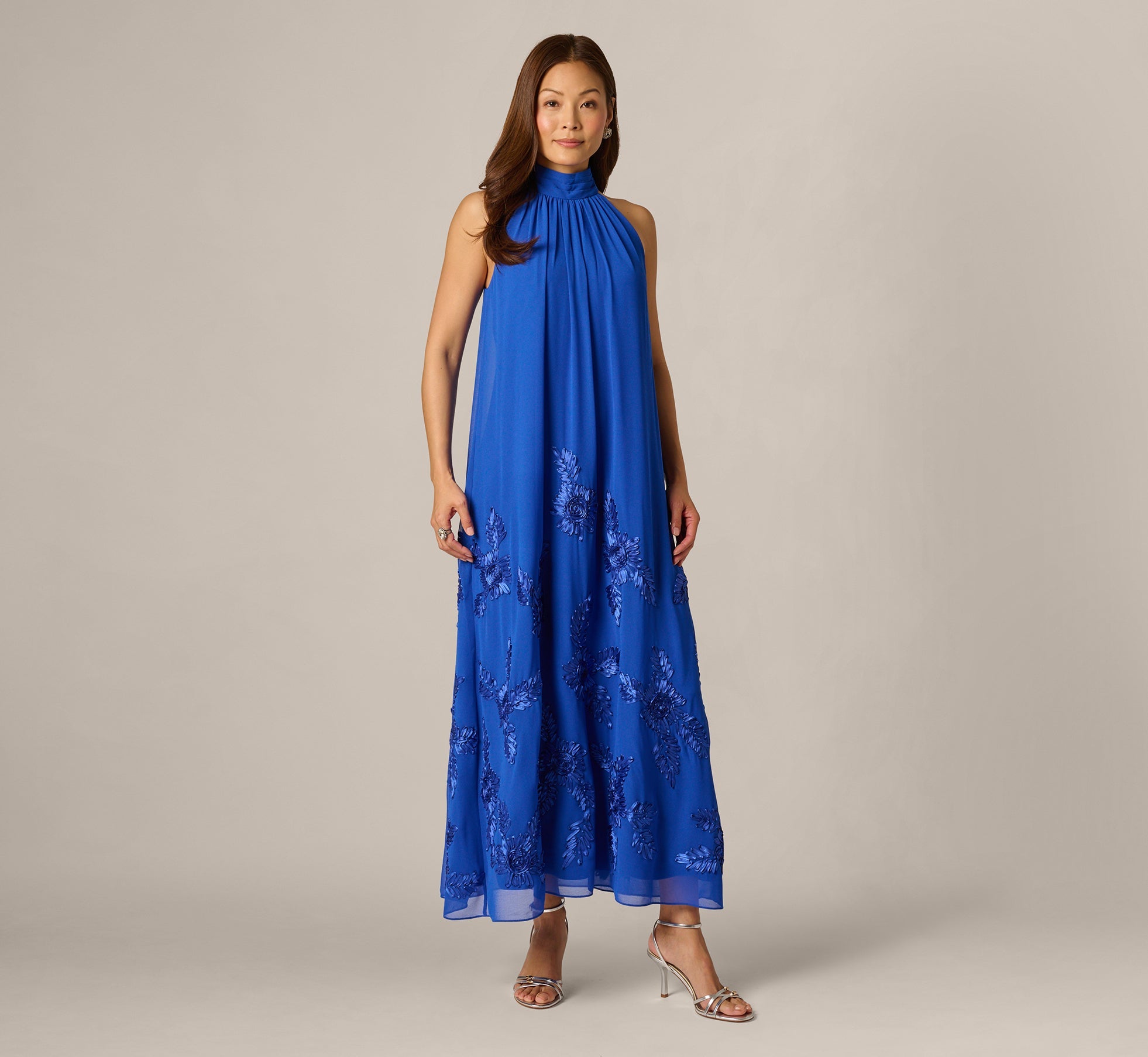 Georgette Soutache Embroidery Trapeze Halter Dress In Brilliant Sapphire