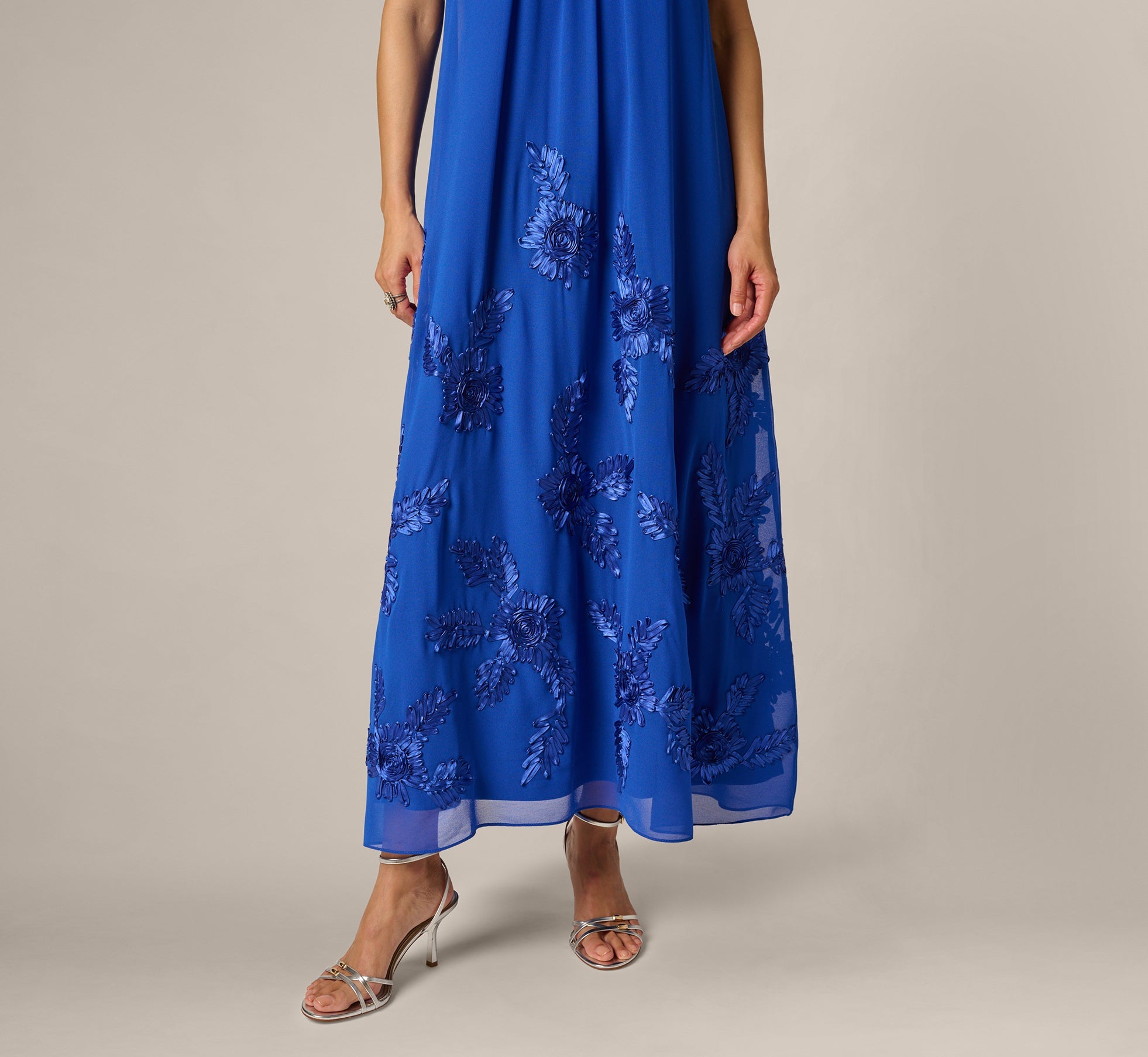 Georgette Soutache Embroidery Trapeze Halter Dress In Brilliant Sapphire