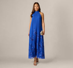 Georgette Soutache Embroidery Trapeze Halter Dress In Brilliant Sapphire