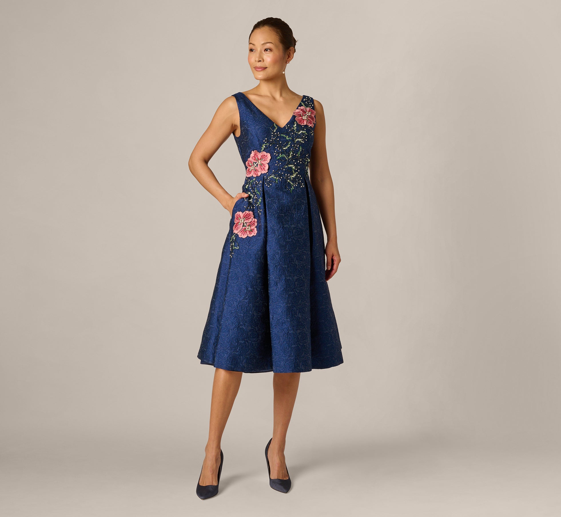 Jacquard Floral Beaded Fit And Flare Midi Dress In Midnight Multi