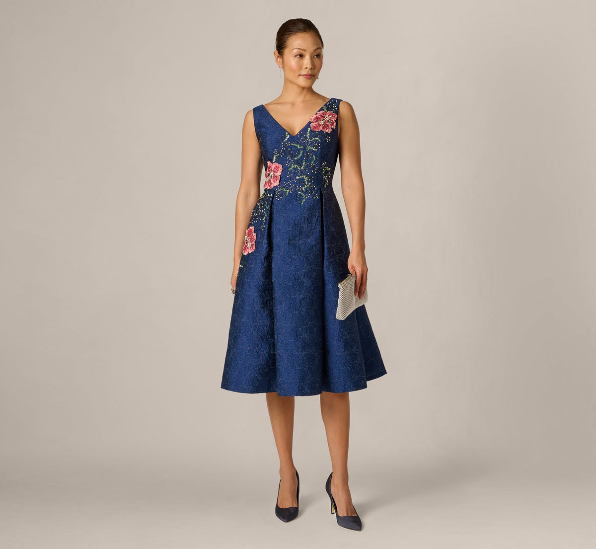 Jacquard Floral Beaded Fit And Flare Midi Dress In Midnight Multi
