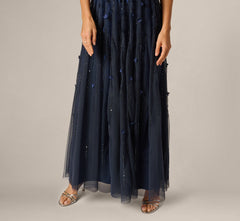 Short Sleeve Linear 3D Floral Beaded Gown In Navy