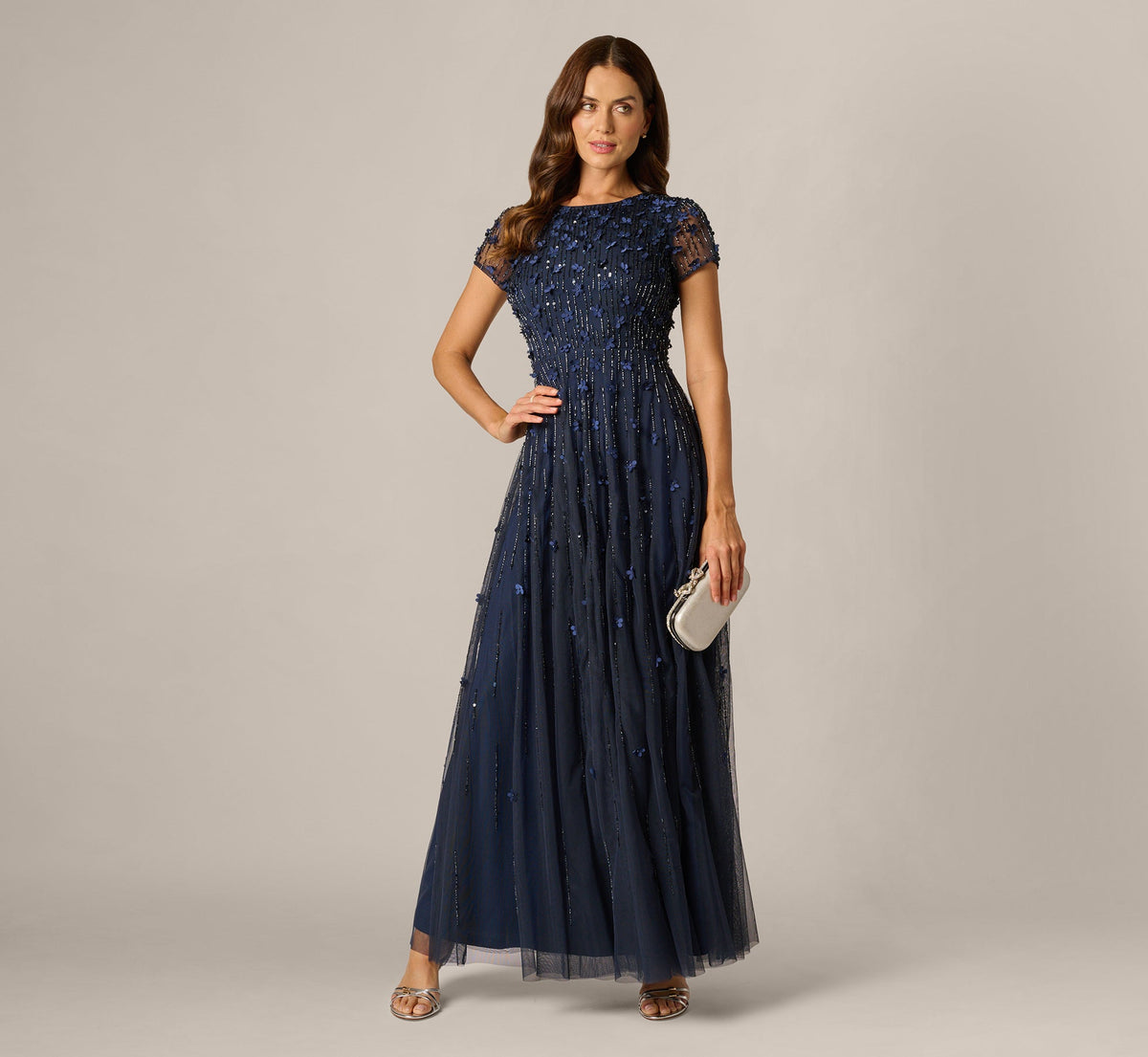 Short Sleeve Linear 3D Floral Beaded Gown In Navy
