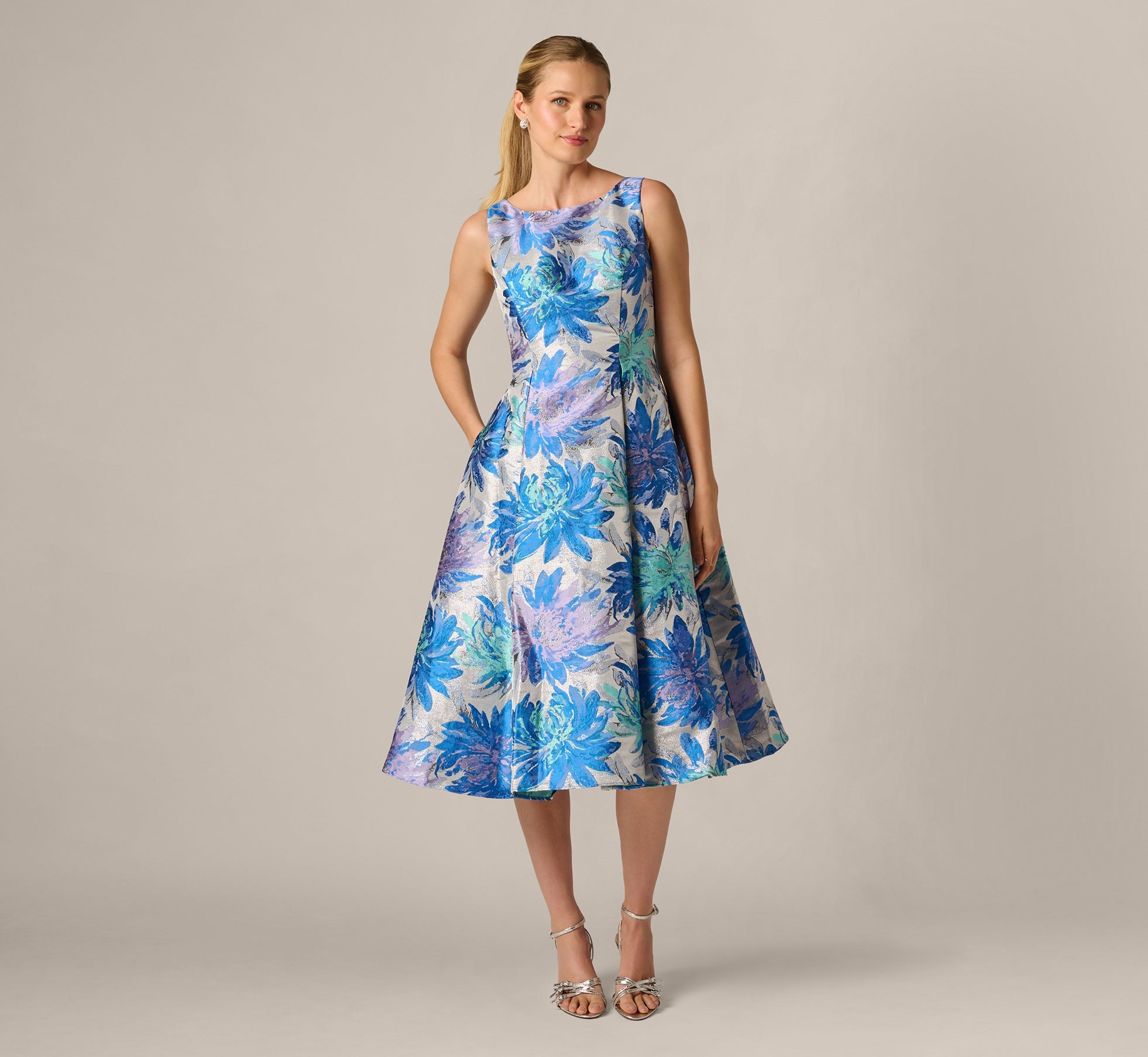 Chrysanthemum Floral Jacquard Fit And Flare Tea Length Dress In Blue Multi