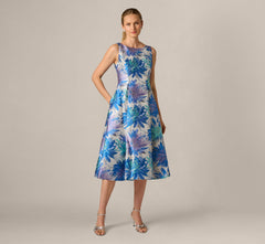 Chrysanthemum Floral Jacquard Fit And Flare Tea Length Dress In Blue Multi