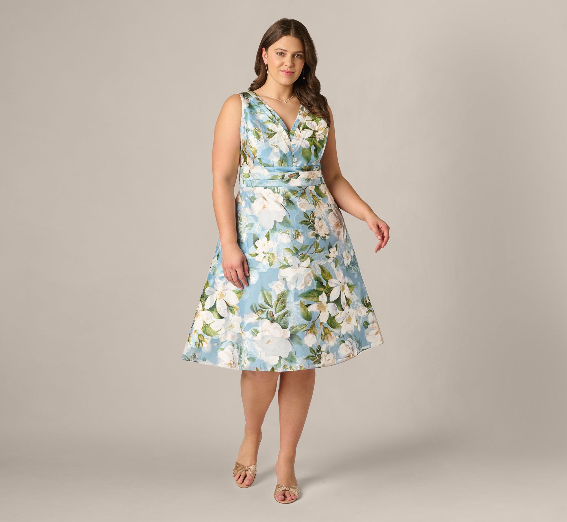 Plus Size Magnolia Floral Jacquard A Line Midi Dress In Blue Multi