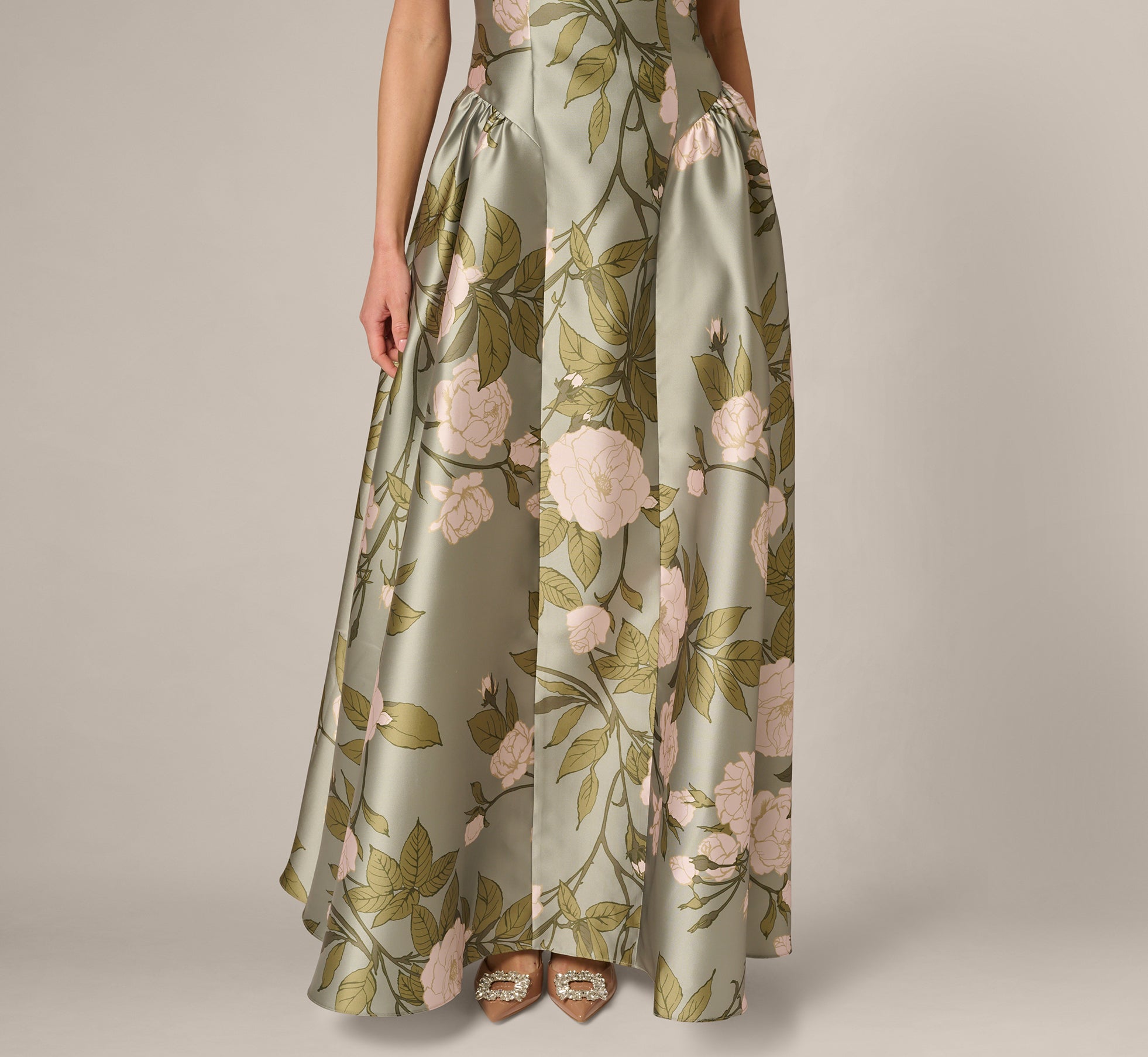 Drop Waist Square Neck Floral Ballgown In Sage Multi