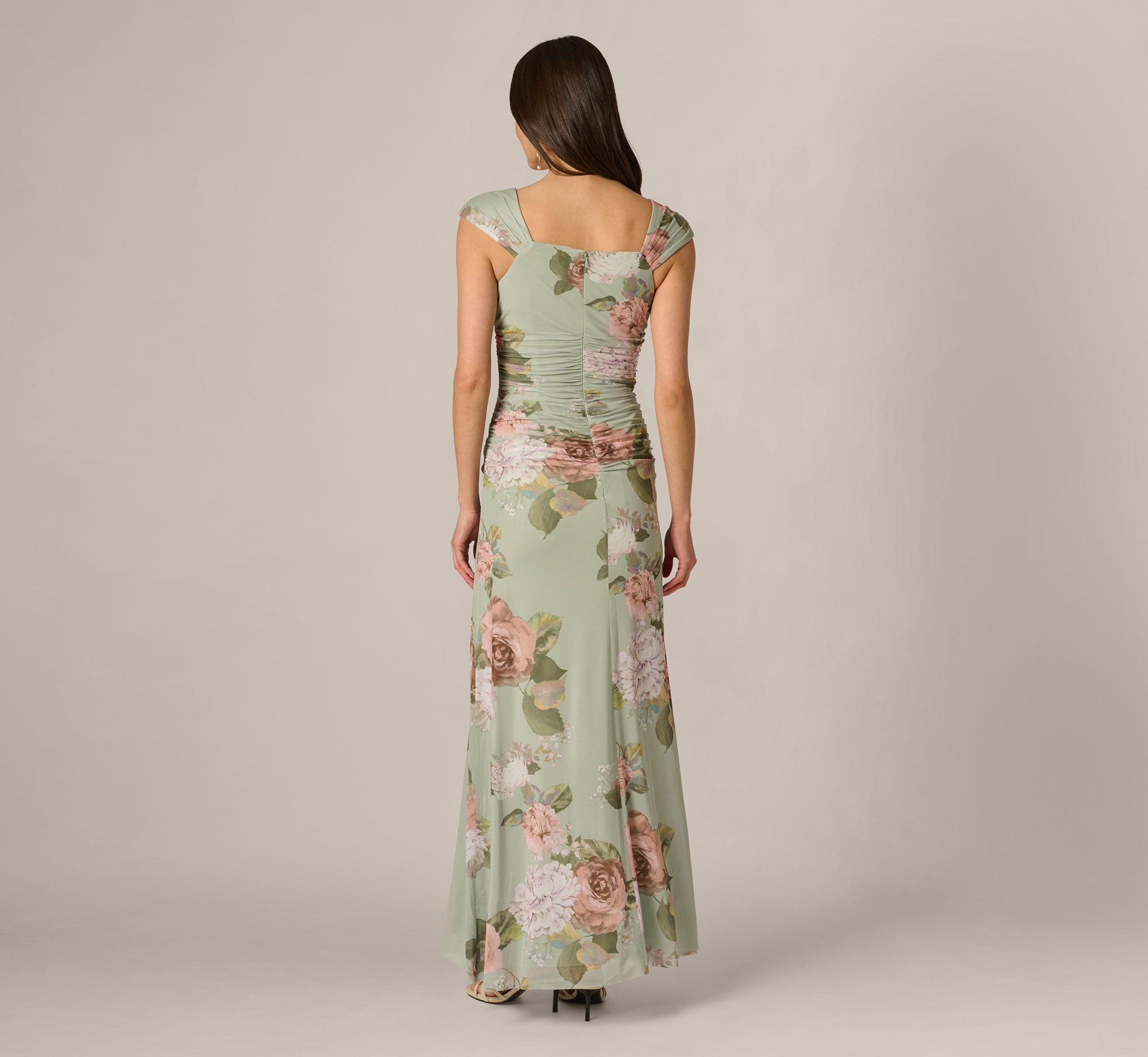 Floral Print Stretch Mesh Ruched Gown In Sage Multi