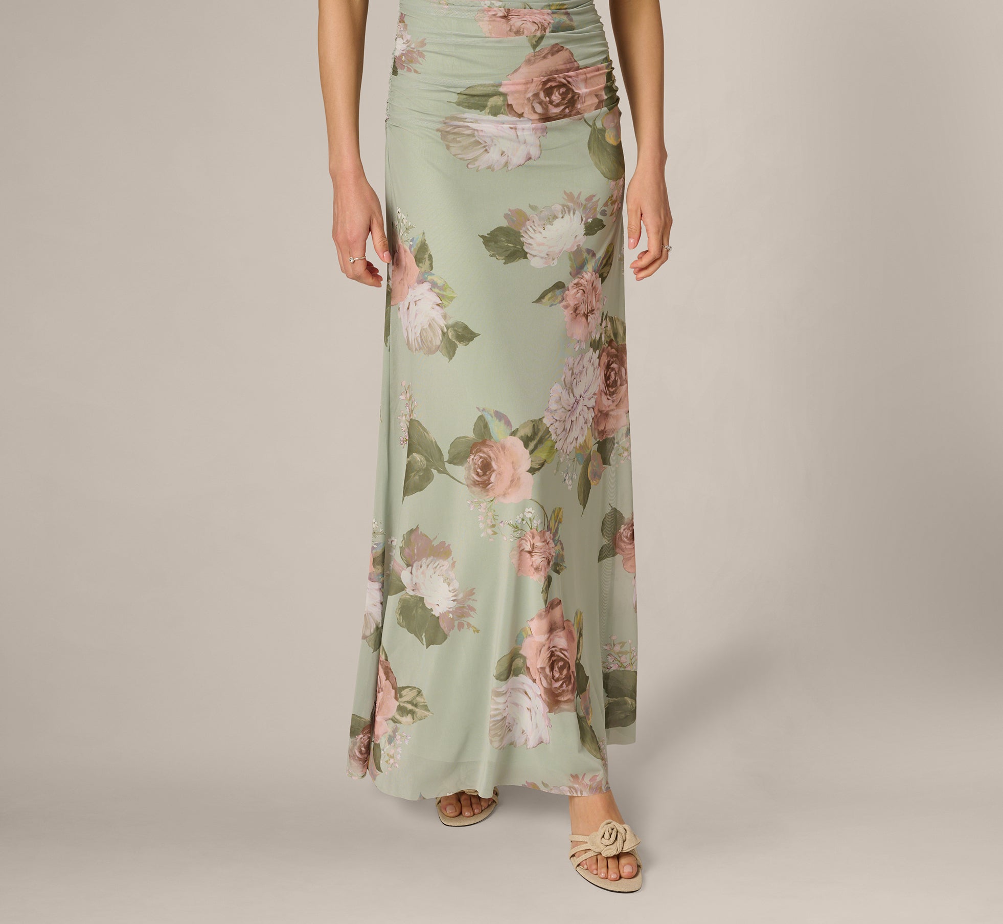 Floral Print Stretch Mesh Ruched Gown In Sage Multi