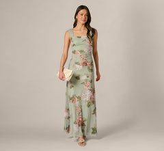 Floral Print Stretch Mesh Ruched Gown In Sage Multi