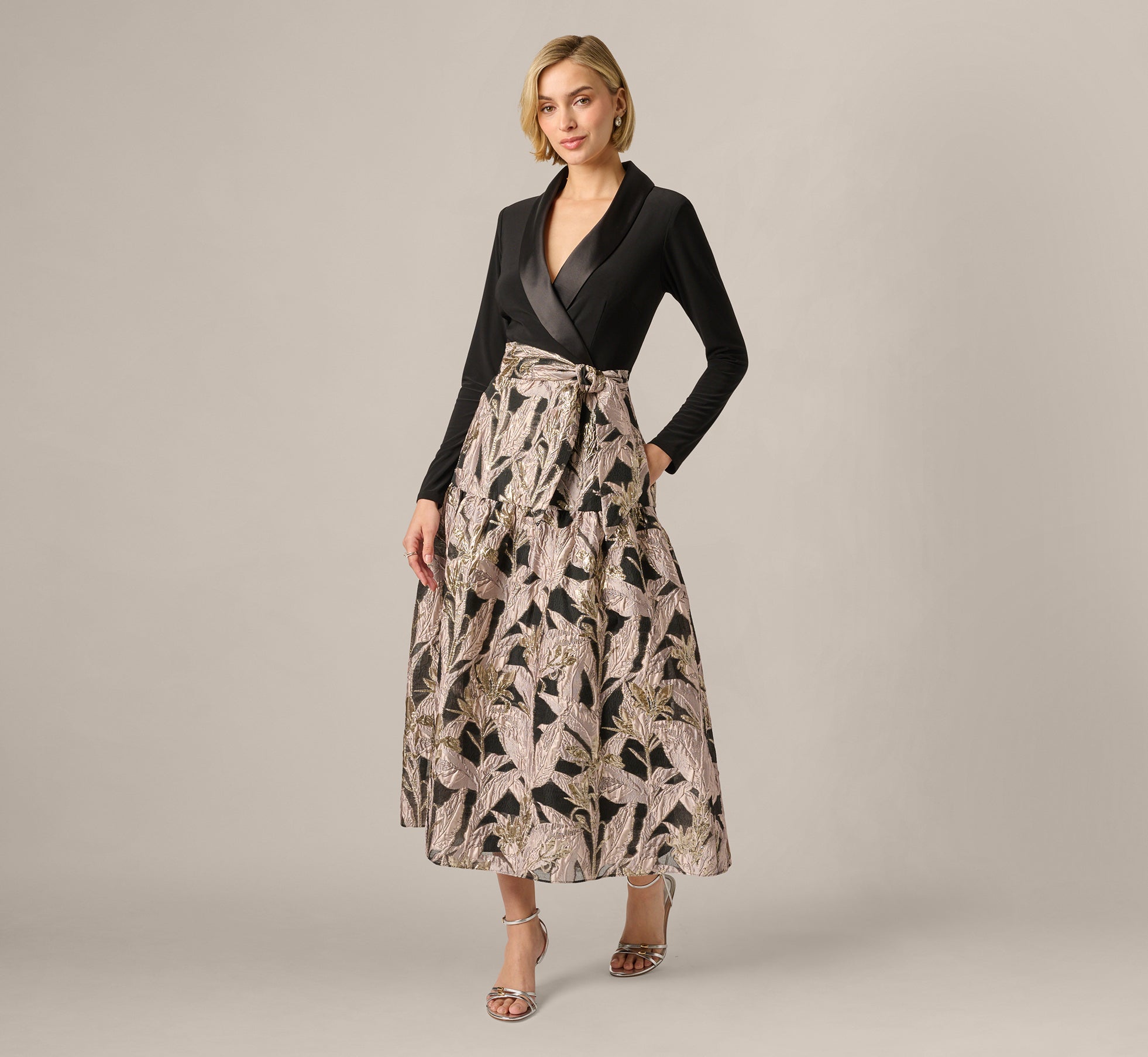 Long Sleeve Combo Tuxedo Ankle Length Gown In Black Blush