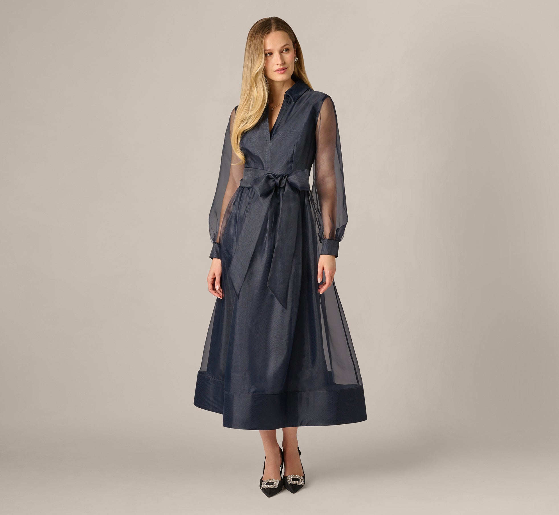 Long Sleeve Organza Collared Ankle Length Midi Dress In Midnight