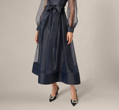 Long Sleeve Organza Collared Ankle Length Midi Dress In Midnight