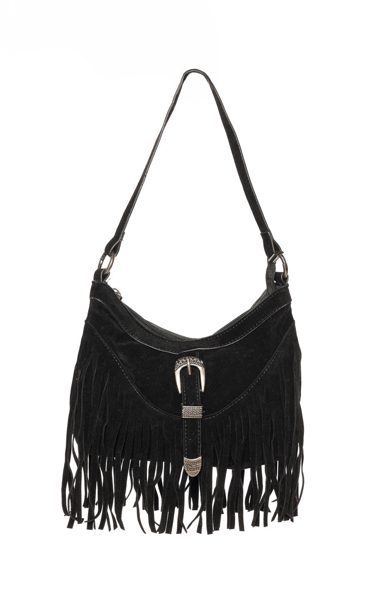 Bailey Black Suedette Silver Buckle Fringe Shoulder Bag