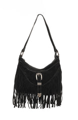 Bailey Black Suedette Silver Buckle Fringe Shoulder Bag