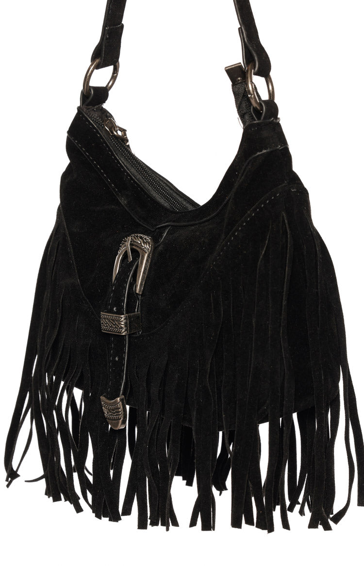 Bailey Black Suedette Silver Buckle Fringe Shoulder Bag