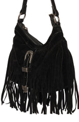 Bailey Black Suedette Silver Buckle Fringe Shoulder Bag