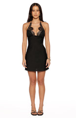 Brooks Black Lace Satin Halter Mini Dress