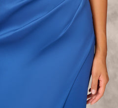 Stretch Mikado Midi Dress With Faux Wrap Details In Deep Ocean