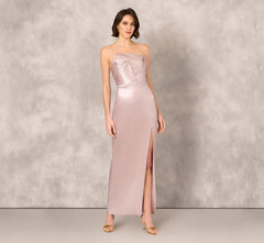 Strapless Draped Foil Mikado Gown In Mauve Silver