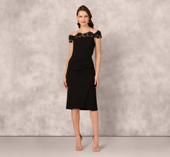 Off Shoulder Lace Trim Midi Sheath Dress In Black