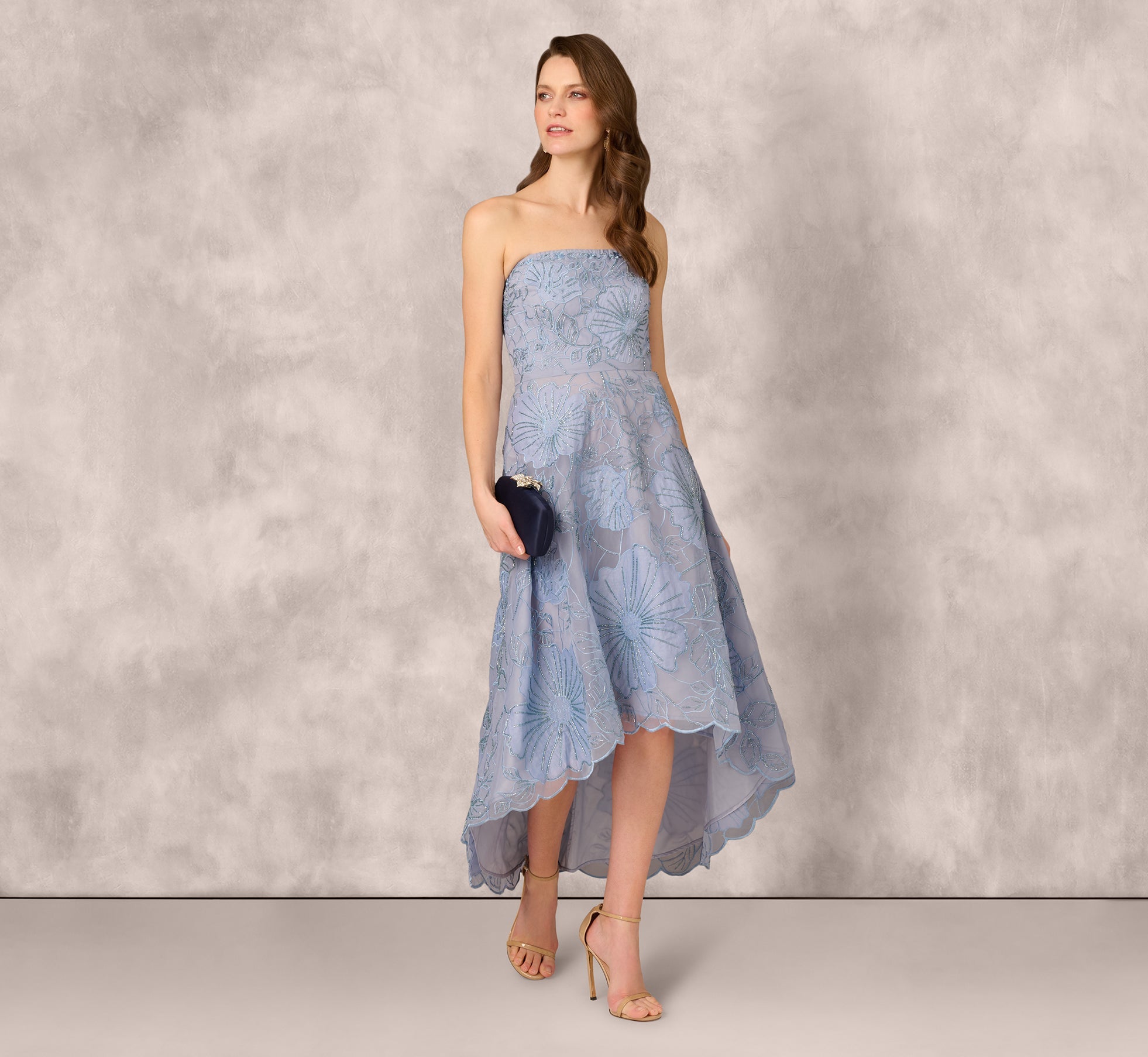 Strapless Floral Embroidered High Low Midi Dress In Blue Cloud
