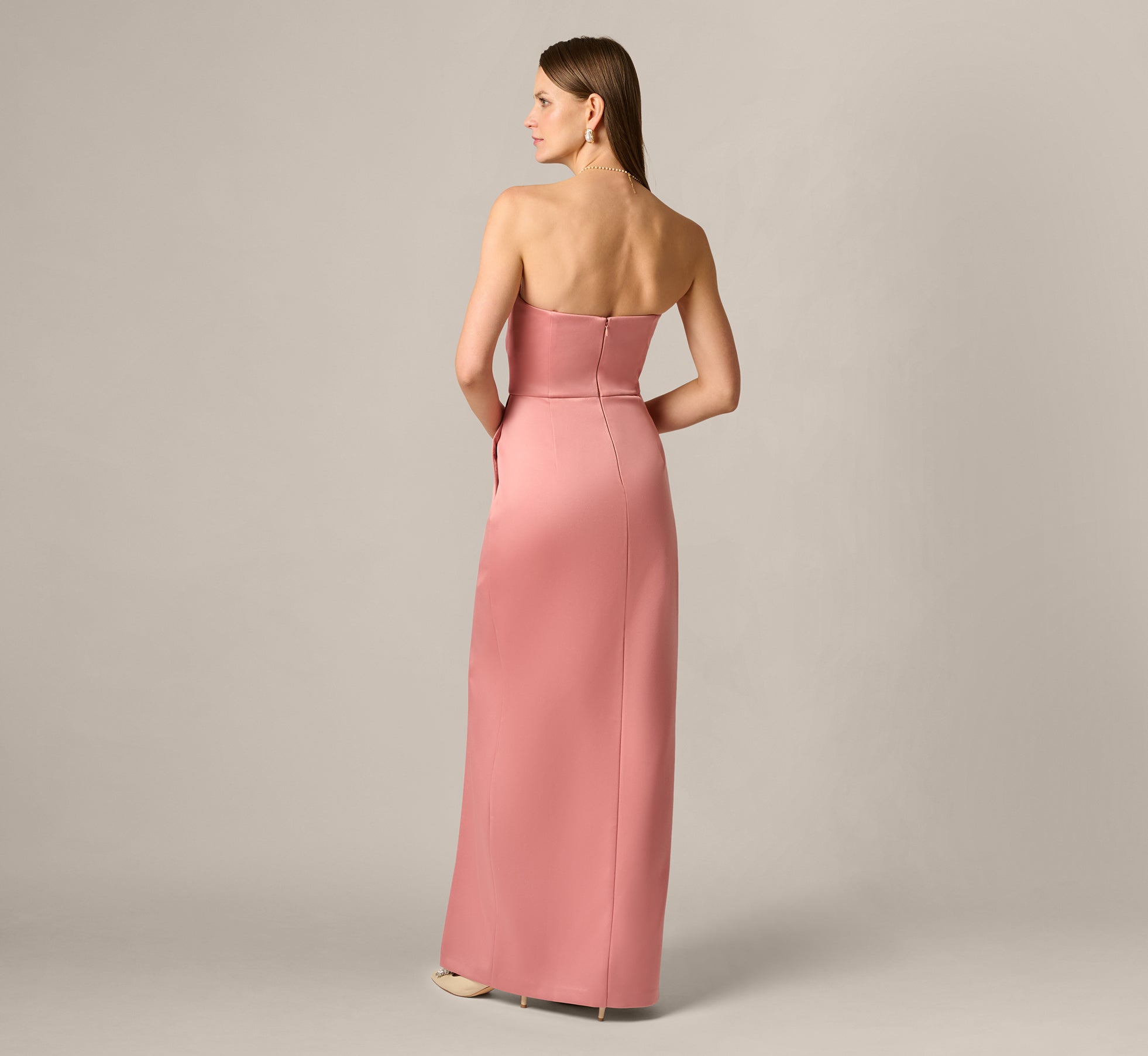 Strapless Duchess Satin Pleated Gown In Rose