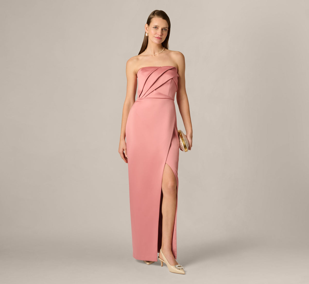 Strapless Duchess Satin Pleated Gown In Rose