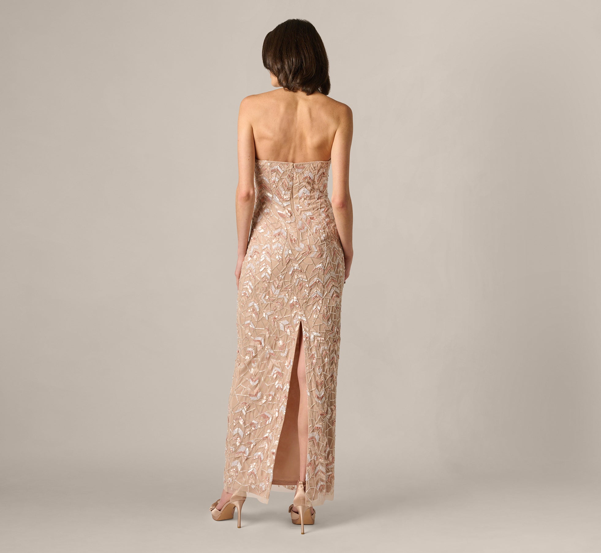 Sequin Beaded Leaf Halter Gown In Rose Quartz