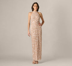 Sequin Beaded Leaf Halter Gown In Rose Quartz