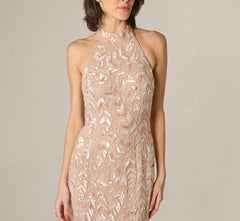 Sequin Beaded Leaf Halter Gown In Rose Quartz
