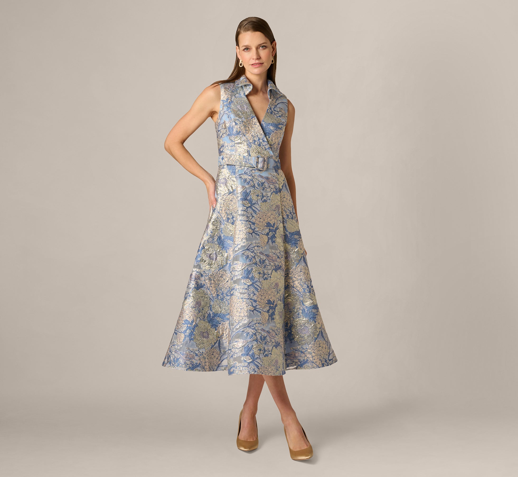 Hydrangea Floral Jacquard Collared Midi Dress In Blue Multi