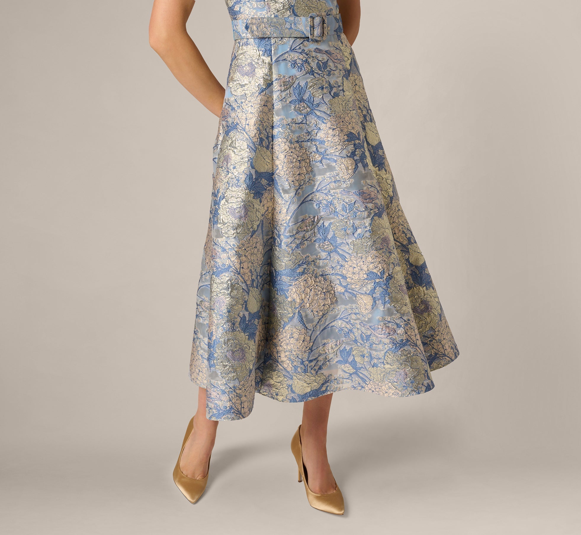 Hydrangea Floral Jacquard Collared Midi Dress In Blue Multi
