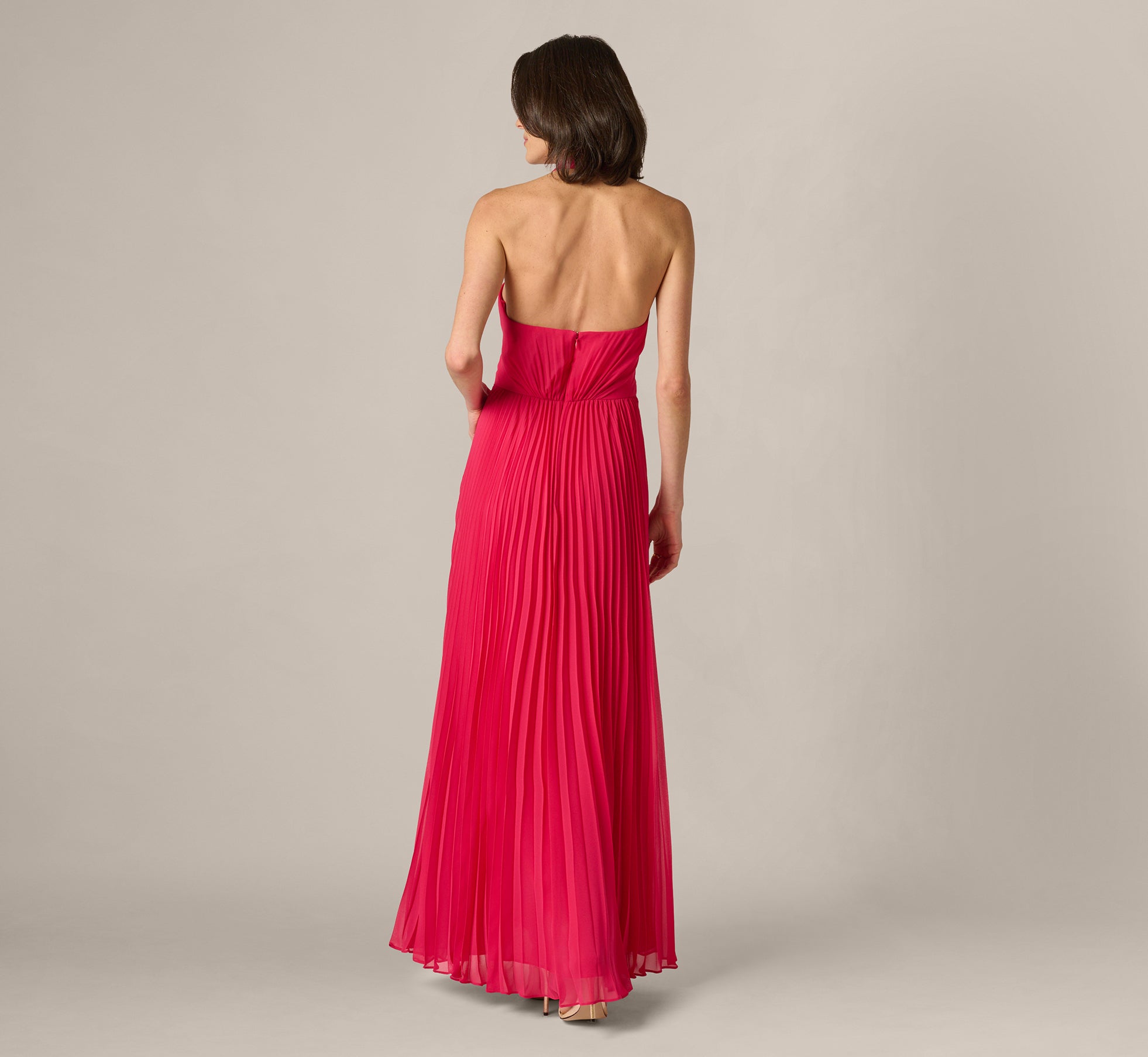 Pleated Chiffon Hardware Halter Gown In Pink Cherry