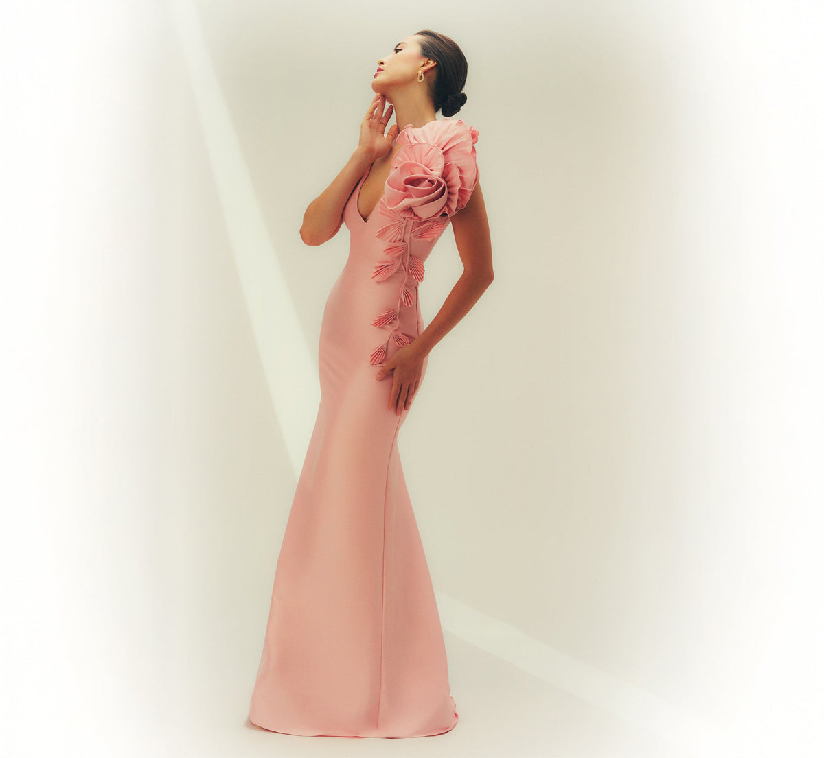 Stretch Mikado Rosette Shoulder Gown In Pink Cloud