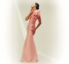 Stretch Mikado Rosette Shoulder Gown In Pink Cloud