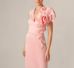 Stretch Mikado Rosette Shoulder Gown In Pink Cloud