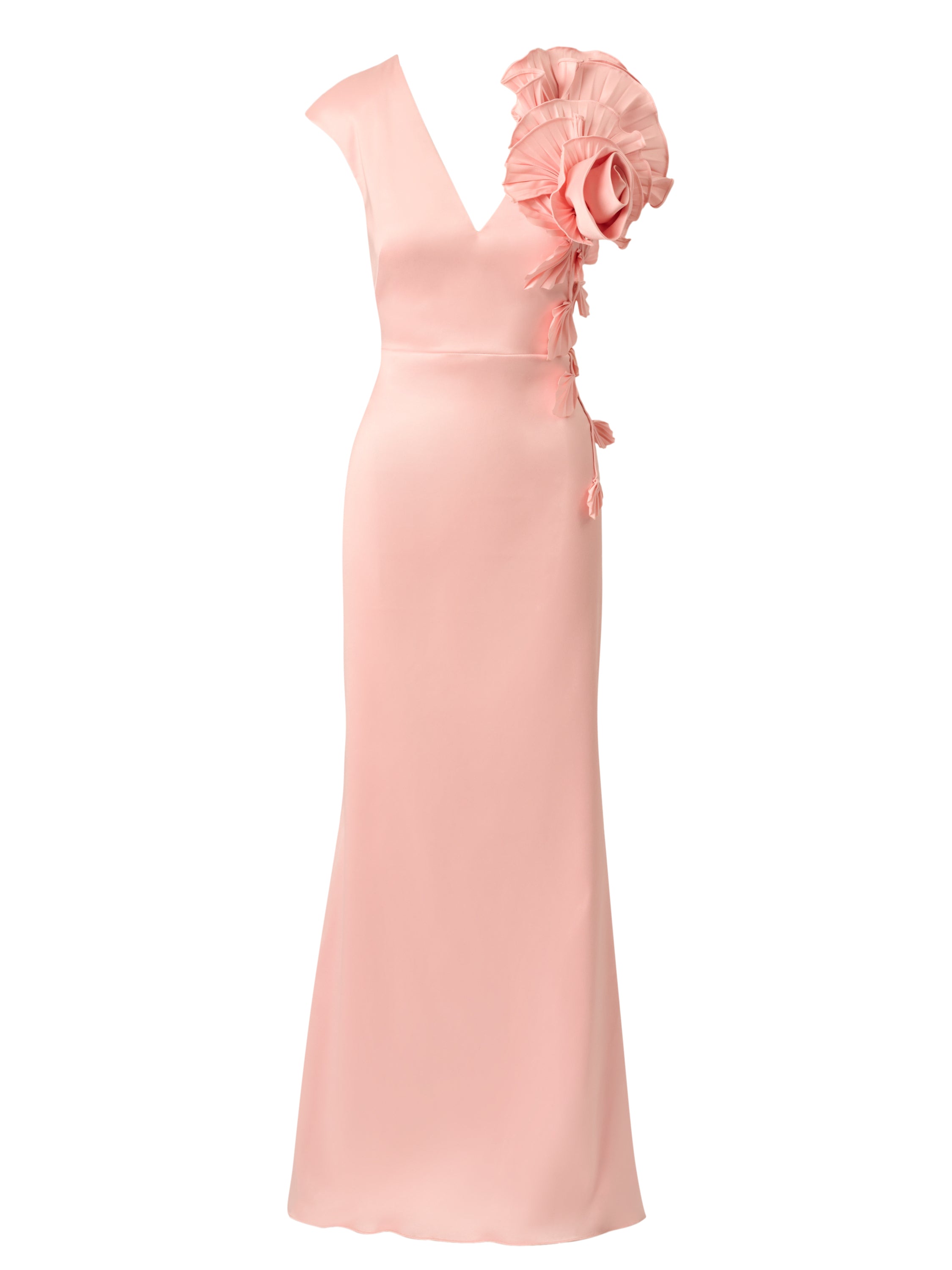 Stretch Mikado Rosette Shoulder Gown In Pink Cloud