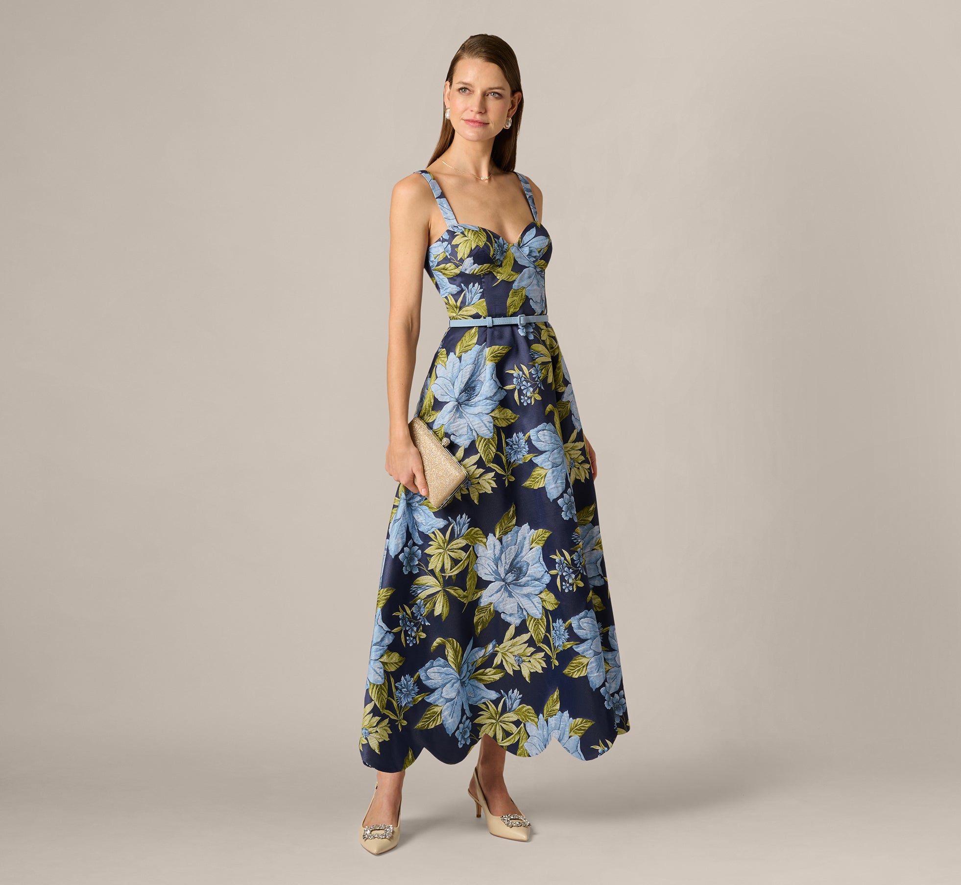 Floral Jacquard Sweetheart Scalloped Ankle Dress In Blue Multi