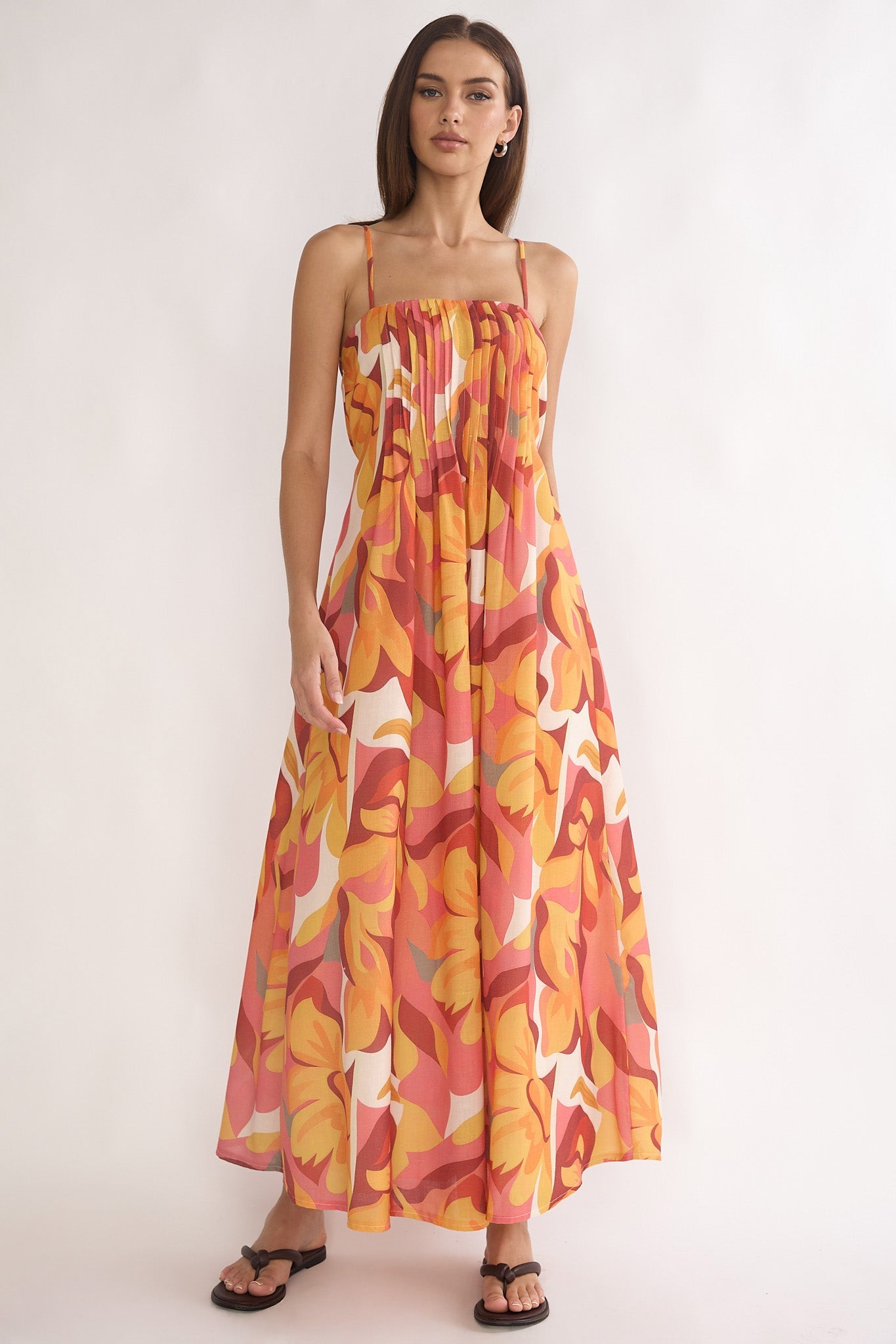 Lysette Pintuck Pleat Maxi Dress Print Orange