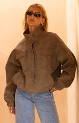 Sapna Brown Oversized Funnel Neck Suedette Jacket - PRE ORDER