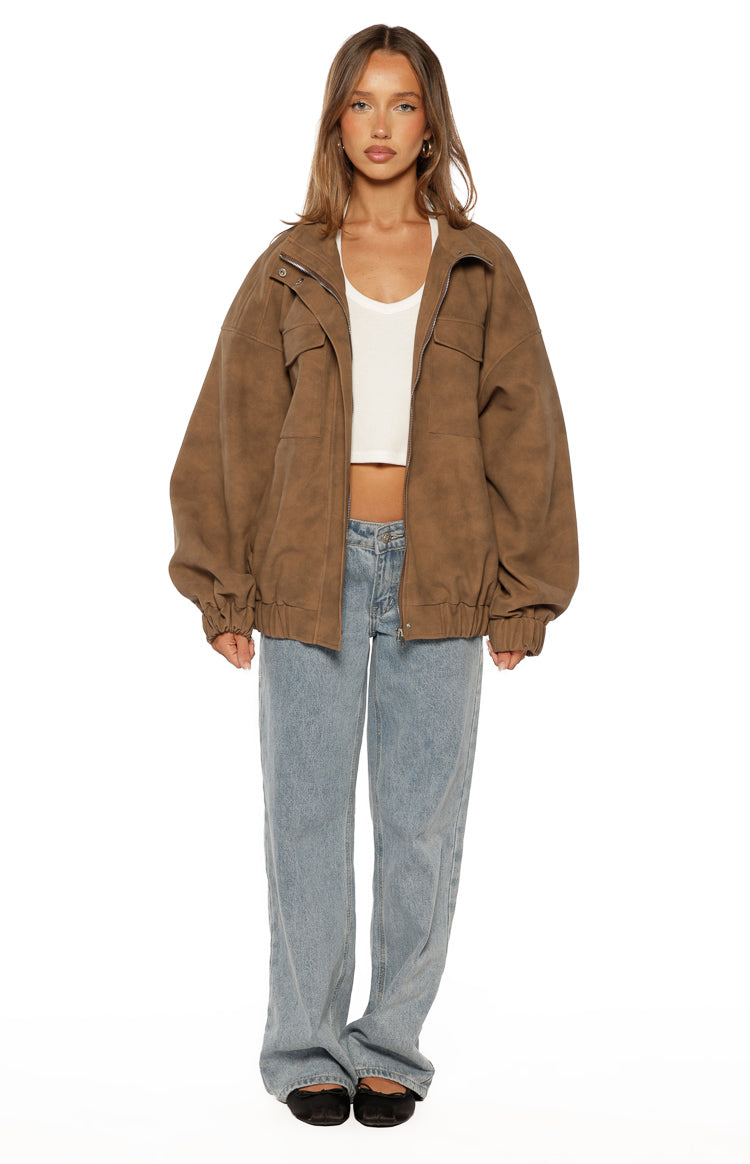 Sapna Brown Oversized Funnel Neck Suedette Jacket - PRE ORDER