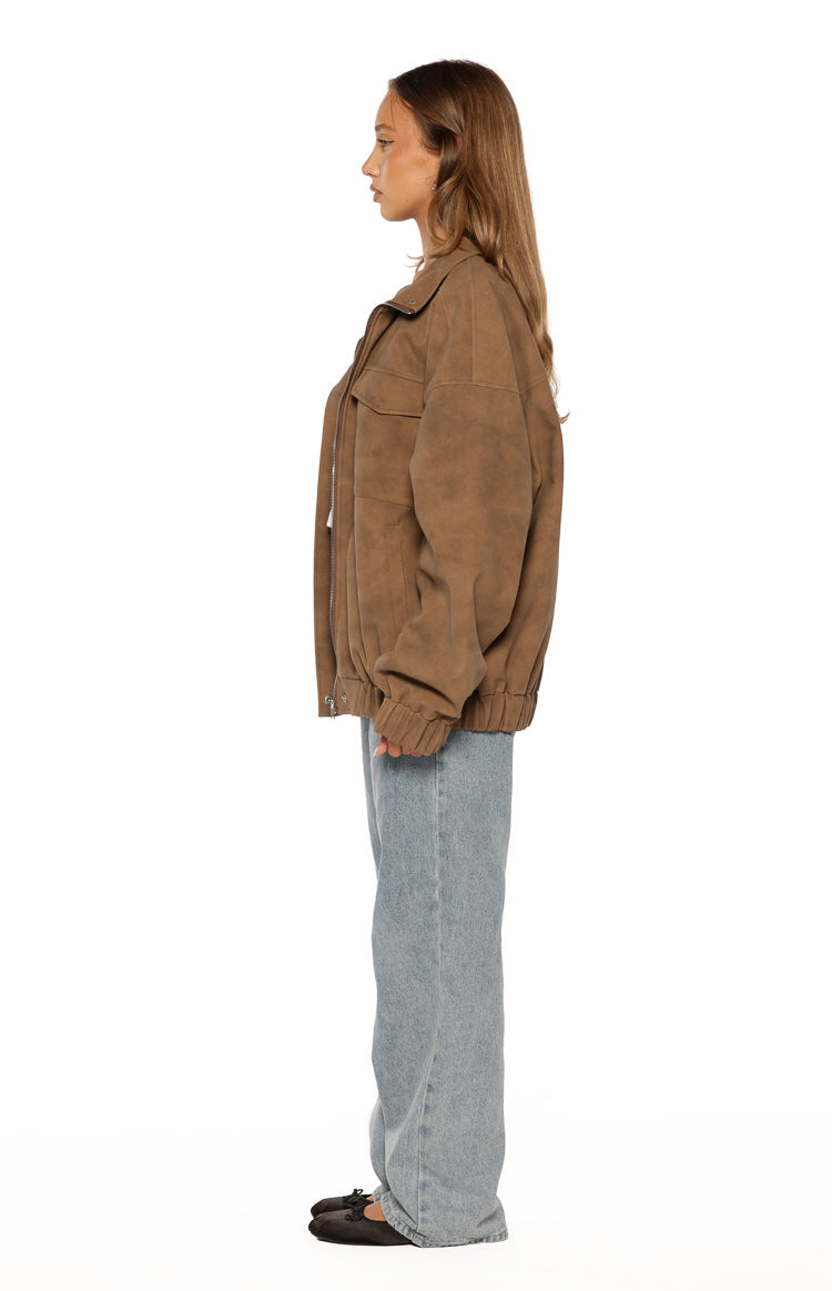 Sapna Brown Oversized Funnel Neck Suedette Jacket - PRE ORDER