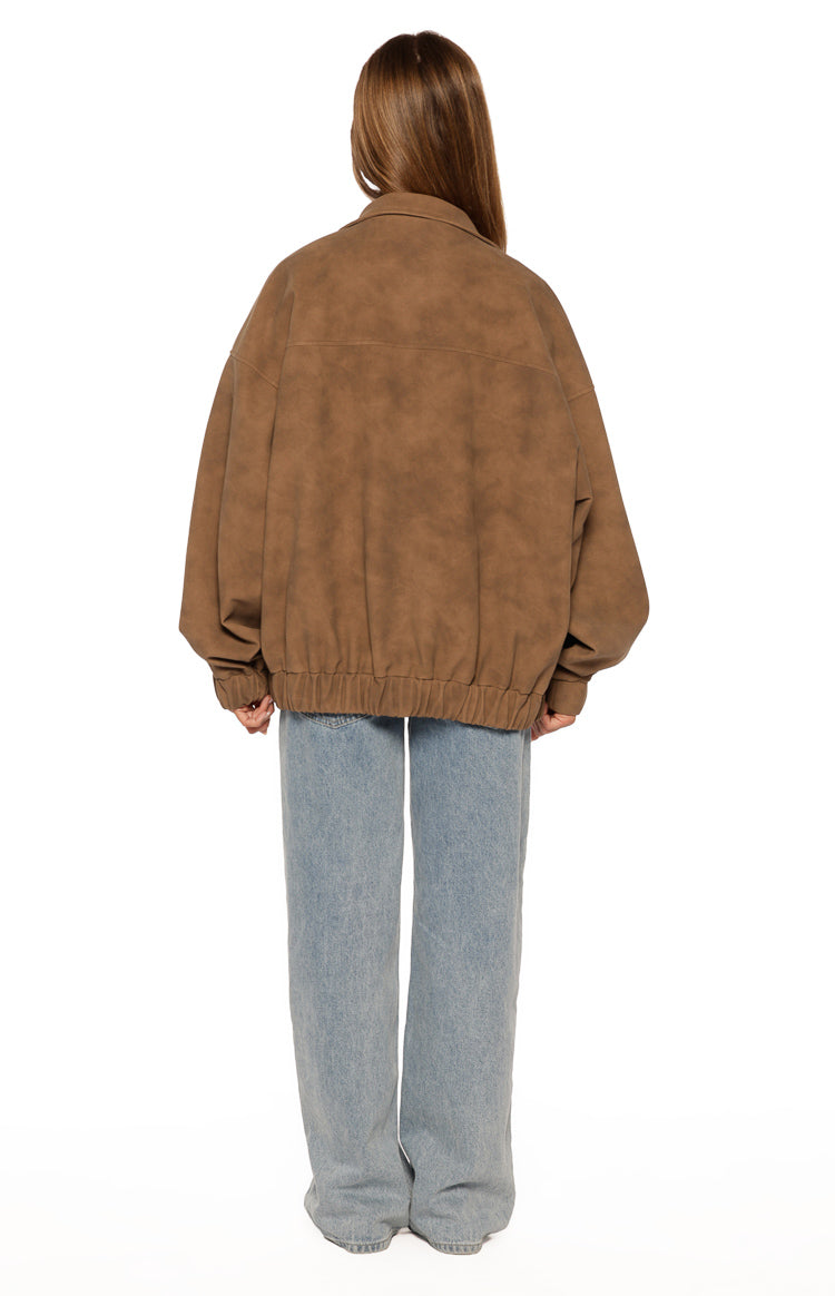Sapna Brown Oversized Funnel Neck Suedette Jacket - PRE ORDER