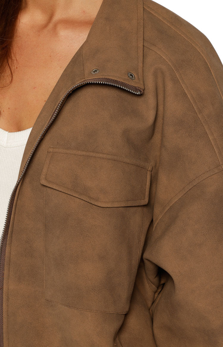 Sapna Brown Oversized Funnel Neck Suedette Jacket - PRE ORDER
