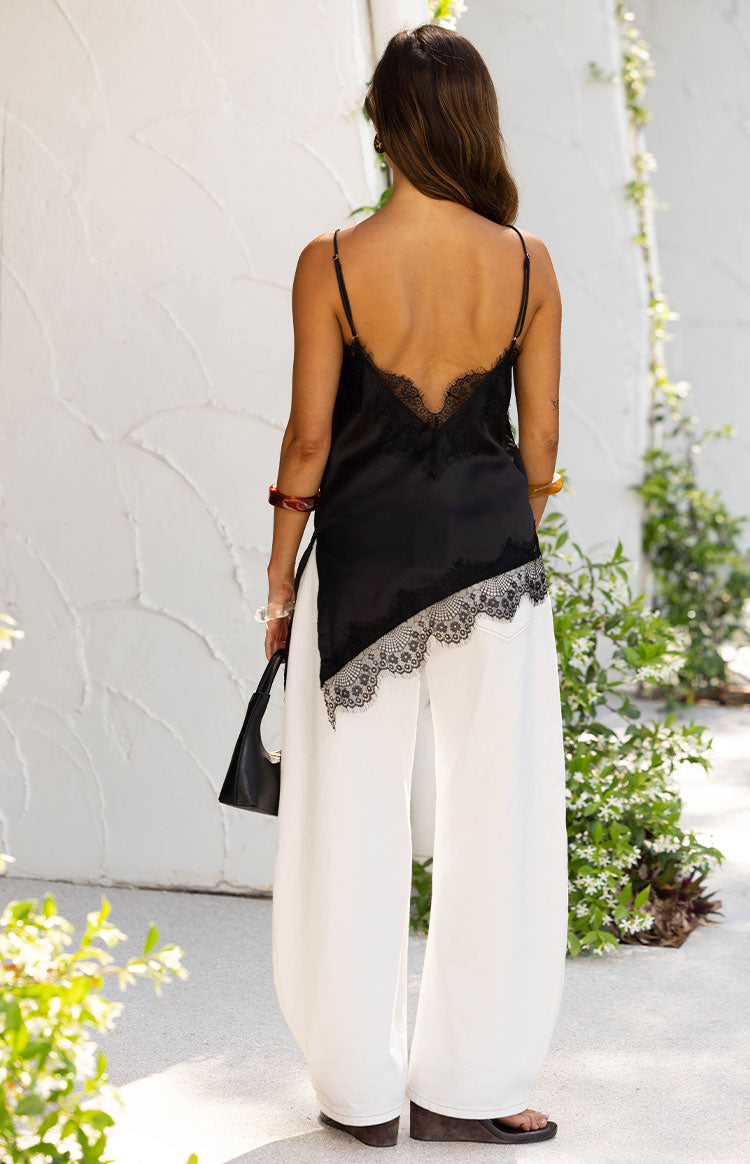 Ziva Black Satin Lace Trim Asymmetrical Top