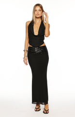 Saedee Black Mesh Sequin Band Maxi Skirt