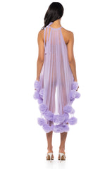 SONYA POM POM DETAIL HIGH LOW SHEER DRESS IN PURPLE