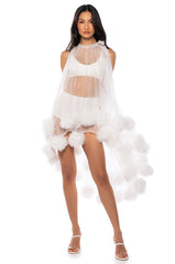 SONYA POM POM DETAIL HIGH LOW SHEER DRESS IN WHITE